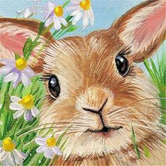 a painting of a rabbit with daisies in its mouth and the words janet above it