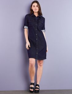 Women's Designer Mini Premium Denim Shirtdress Elegant Medium Wash Denim Dress For Work, Classic Fitted Denim Dress, Elegant Dark Wash Dress For Work, Elegant Dark Wash Dresses For Work, Casual Fitted Shirt Dress In Medium Wash, Casual Fitted Medium Wash Shirt Dress, Collared Fitted Denim Dress, Classic Denim Dress For Workwear In Spring, Classic Spring Denim Dress For Work