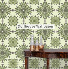 a table with two bottles on it next to a wallpapered background that says dollhouse wallpaper