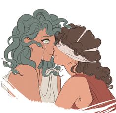 two women with curly hair are kissing each other