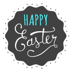 a black and white sign that says happy easter with blue lettering on the bottom corner