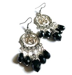 These handmade earrings make a great gift. Silver pentagram with black faceted glass beads. Finished with your choice of silver plated or sterling silver ear wire. Please keep in mind these are heavy earrings.  Product details 3 inches long by 1 inch wide Pentagram charm is silver plated silver plated or sterling silver ear wire black faceted glass beads Please keep in mind these are heavy earrings.   VISIT MY SHOPS HERE   * http://www.etsy.com/shop/HappyCatHouse * http://www.Etsy.com/shop/AnEnc Black Dangle Jewelry For Festivals, Black Dangle Jewelry For Festival, Black Gothic Hoop Earrings Nickel Free, Witchy Black Nickel-free Earrings, Black Metal Witchy Earrings, Black Wire Wrapped Jewelry For Festival, Black Metal Earrings With Round Beads, Black Metal Round Beads Earrings, Witchy Black Earrings For Festival