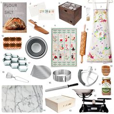 an assortment of kitchen items including bread, flour and baking utensils on a white background