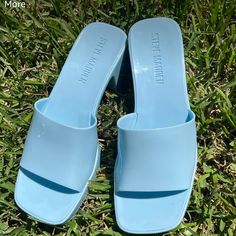 Steve Madden Women's Harlin Heeled Sandals Shoes Size 7 Blue Block Heels With Removable Insole, Blue Closed Toe Sandals With Medium Width, Blue Sandals With Stacked Heel And Medium Width, Blue Sandals With Stacked Heel, Blue Closed Toe Sandals Medium Width, Blue Sandals With Reinforced Heel For Summer, Light Blue Block Heel Sandals For Summer, Blue Synthetic Sandals With Block Heel, Light Blue Block Heel Beach Heels