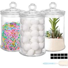 three glass jars filled with white balls next to a succulent plant and rubber bands