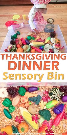 a table topped with lots of different types of food and words that read, thanksgiving dinner sensory bin