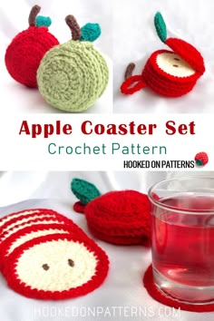 crocheted apple coaster set with red and green apples