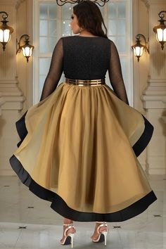 Xpluswear Design Plus Size Cocktail Party Black Gold V Neck Long Sleeve High Low Hem Tulle Midi Dresses [Pre-Order] - Xpluswear Black And Gold Outfits, Gold Elegant Dress, Black And Gold Party Dress, Black Gold Gown, Black And Gold Outfit, African Elegance, Gold Party Dress, African Chic, Fun Outfits