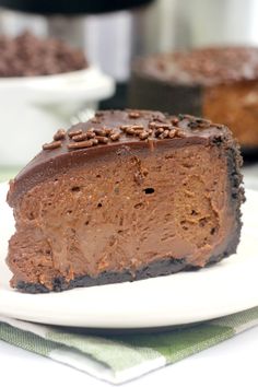 a piece of chocolate cake on a white plate