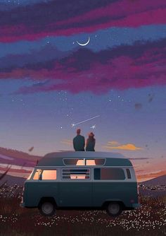 two people sitting on the roof of a van looking at the stars in the sky