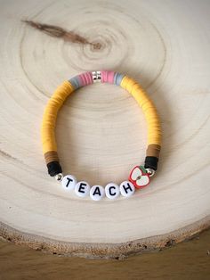 Teacher Bead Bracelet, Teacher Clay Bracelet, Teach Clay Bead Bracelet, Teacher Heishi Bracelet, Thanksgiving Clay Bead Bracelets, Clay Bracelets Diy, Bracelet For Teacher, Pencil Bracelet, Bead Alphabet