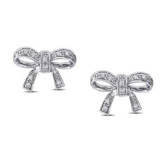 These adorable diamond bow stud earrings add a feminine touch to any outfit, day or night. Crafted in sterling silver, these cute bows are adorned with sparkling diamonds. Butterfly backs are included and the diamonds are 1/20ctw and are H or better in Color and I3 in Clarity. Anniversary White Gold Bow Earrings, Diamond Bows, Pearl Strands, Cute Bows, Sparkle Diamonds, Pure Silver, Jewelry Care, Post Earrings, Amethyst