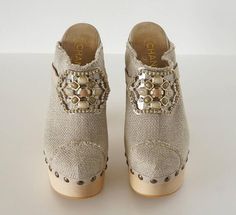 CHANEL Shoe Platform Clog Limited Edition Jewel Hardware Luxury Summer Clogs With Wooden Heel, Shoe Platform, Shoes Beige, Clog Shoes, Platform Clogs, Clogs Shoes, Chanel Shoes, Vintage Shoes, Clogs