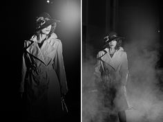 two black and white photos of women in trench coats