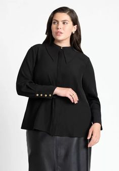 Pointed Collar Button Down, Top Sale, Totally Black | Eloquii Office Blouse With Button Closure And Stretch Fit, Stretch Blouse With Button Closure For Office, Office Wear Collared Tops With Placket, Office Collared Tops With Placket, Versatile Collared Shirt With Button Cuffs, Stretch Button-up Blouse For Business Casual, Business Casual Stretch Button-up Blouse, Modern Tops With Lapel Collar For Office, Modern Collared Blouse For Office Wear