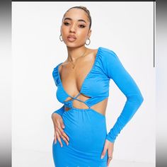 Midi Dress Ibiza Blue Brand New With The Tag On Blue Cutout Midi Dress For Spring, Blue Cutout Midi Dress For Party, Fitted Blue Midi Dress With Cutout, Dramatic Entrance, Peplum Midi Dress, Pink Ruffle Dress, Kimono Maxi Dress, Striped Bodycon Dress, Disco Dress