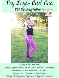 a woman in pink leggings and black top with the text peq legs - add