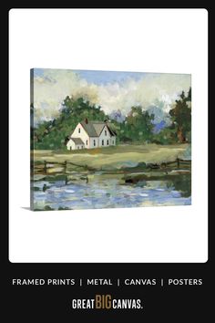 a painting of a white house on the water with trees in the background and text that reads framed prints metal canvass posters great big canvases