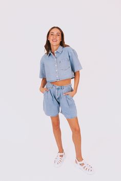 Go all in or go home with our All Or Nothing Set! This set includes an ultra-chic crop denim button-down shirt and a pair of oversized fit shorts. Perfect for adding a touch of playfulness to your wardrobe while staying comfortable and stylish. Don't miss out on this unique set! Details Crop denim button-down shirt Oversize fit shorts Sizing Approximate measurements: SIZE LENGTH/INSEAM BUST/WAIST Small Top 16" 46" Small Bottom 17/5.5" 30" Medium Top 16.5" 48" Medium Bottom 18/6" 32" Large Top 17 Shirt Oversize, All Or Nothing, Denim Button Down, Cropped Denim, Small Tops, Workout Shorts, Oversized Fits, Button Down Shirt, Wardrobe