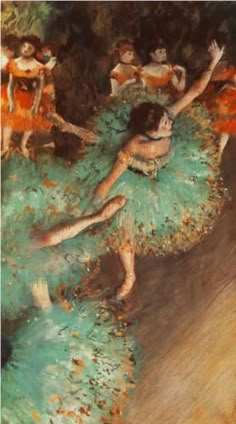 a painting of dancers in blue tutu and green skirts, with their arms outstretched