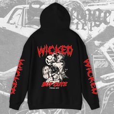 Wicked But Cute' Unisex Hoodie Playful Design, Show Off, Vintage Tshirts, Black Hoodie, Racerback Tank, Original Design, Unisex Hoodies, Womens Tees, Hooded Sweatshirts