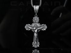 ✨MATERIAL: Captain Silver Handmade Silver Jesus Crucifix necklace is made of 100% 925k sterling silver material. This unique Handmade Silver Jesus Crucifix necklace is suitable for both men and women. It does not contain chemicals that may affect human health. ✅SIZE: This religious necklace pendant measures 3.50cm (1.3 inches) in width, 5.50cm (2.1 inches) in height. In terms of chain thickness, 0.6 cm is suitable and the chain measures 0.2 cm. The chain length is in different sizes and you can Silver Crucifix Necklace, Luxury Silver Crucifix Necklace, Gothic Silver Crucifix Necklace, Gothic Sterling Silver Crucifix Necklace, Crucifix Necklace, Nickel-free Sterling Silver Crucifix Necklace, Saint Benedict, Gothic Necklace, Love My Job