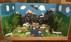 a cardboard box with an image of mountains and animals on it, labeled in words