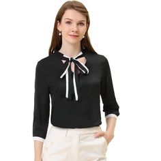 Allegra K Women's Elegant Chiffon Blouse Bow Tie V Neck 3/4 Sleeve Work Office Shirt. This soft chiffon fabric shirt drapes beautifully and ensures you stay comfy all-day long. The tie neck adds office-inspired sophistication, while soft fabric gives it an elegant and feminine shape. Stylish Bow tie v neck blouse from Allegra K is a perfect choice for work, office and daily wear. Simple and delicate, this blouse features bow tie neck, 3/4 sleeve with contrast trim. This nice and neat blouse give Black Chiffon Office Tops, Black Chiffon Tops For Office, Spring Chiffon Blouse With Tie Neck, Spring Chiffon Tie Neck Blouse, Black Chiffon Formal Tops, Formal Black Chiffon Blouse, Black Chiffon Blouse For Formal Occasions, Workwear Chiffon Tie Neck Blouse, Elegant Half Sleeve Blouse For Spring