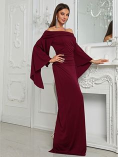 Color: BurgundyStyle: ElegantPattern Type: PlainDetails: Ruched, Draped, ZipperNeckline: Off the ShoulderType: BodyconSleeve Length: Long SleeveSleeve Type: Flare SleeveWaist Line: High WaistHem Shaped: MermaidLength: MaxiFit Type: Regular FitFabric: Slight StretchMaterial: FabricComposition: 95% Polyester, 5% ElastaneCare Instructions: Hand wash,do not dry cleanSheer: No Formal Sheath Maxi Dress With Ruched Detail, Ruched Long Sleeve Dresses For Banquet, Ruched Maxi Evening Dress For Dinner, Long Sleeve Ruched Dresses For Banquet, Fall Evening Maxi Dress With Gathered Sleeves, Fitted Long Sleeve Ruched Evening Dress, Off-shoulder Ruched Dinner Dress, Long Sleeve Ruched Evening Dress, Formal Ruched Draped Maxi Dress