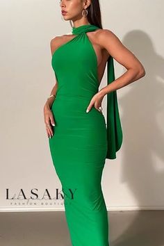 Lasaky - Chic and Elegant Sleeveless Backless Pleated Wrap Dress with Body-Hugging Fit Green Fitted Sleeveless Backless Dress, Green Sleeveless Backless Stretch Dress, Green Sleeveless Stretch Backless Dress, Green Stretch Halter Dress For Evening, Green Stretch Halter Backless Dress, Green Sleeveless Backless Evening Dress, White Backless Dress, Halter Maxi Dress, Maxi Dress Prom