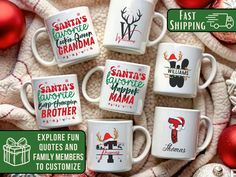 six coffee mugs with santa's favorite christmas sayings on them, surrounded by holiday ornaments