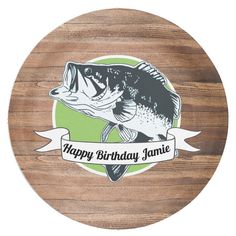 a wooden plate with a fish on it and the words happy birthday jamie written in black