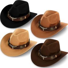 PRICES MAY VARY. Ample Quantity for Variety: the package consists of 4 cowboy hats, providing sufficient amount for you to experiment with different styles; With 4 hats in one package, you can match your hat with your outfit or mood Standard Size for Most Fit: with a size medium and an inner circumference of approximately 22-22.8 inches/ 56-58 cm, a brim width of about 3 inches/ 7 cm and a hat height of around 4.7 inches/ 12 cm, the western hat women caters to a wide range of individuals; The si Wide Brim Hat Women, Cowboy Buckle, Cowboy Design, Western Cowboy Hats, Felt Cowboy Hats, Dark Khaki, Hat For Man, Western Hats, Cowgirl Hats