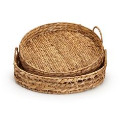 two round wicker trays with handles on each side, one is empty and the other has no lid