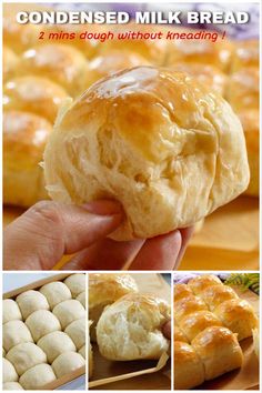 a collage of photos showing different types of breads and pastries, including rolls