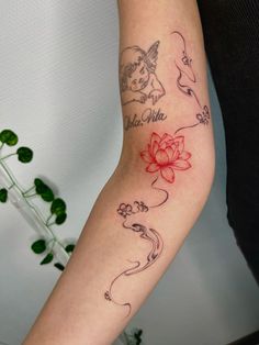 a woman's arm with different tattoos on it