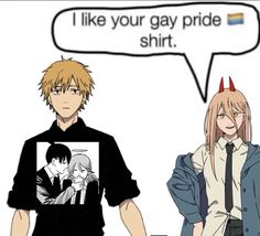 two people standing next to each other in front of a speech bubble that says, i like your gay pride shirt