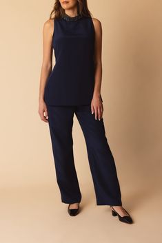 Catherine Regehr london top in navy/black. 100% Polyester Dry Clean Made in Canada Luxury Classic Navy Top, Luxury Navy Top With Relaxed Fit, Luxury Navy Tops With Button Closure, Navy Collared Top With Moisture-wicking, Luxury Navy Cashmere Top, Work Wear Women, Pull On Pants, Bottom Clothes, Spring Collection