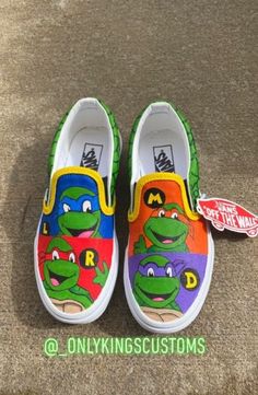 Hello :) My custom handmade Teenage Mutant Ninja Turtles Slip On Vans are hand painted by me.  🔘All shoes are 100% authentic  🔘All shoes come in their original box and painted with Angelus Paint 🔘All shoes will be waterproof and have a finishing coat to keep the shoes in good condition  Please contact my shop for any questions or concerns. Thank you Hand Painted Multicolor Custom Sneakers With Round Toe, Multicolor Hand Painted Custom Sneakers With Round Toe, Artistic Hand Painted Slip-on Custom Sneakers, Artistic Hand Painted Green Custom Sneakers, Artistic Hand Painted Multicolor Custom Sneakers, Artistic Hand-painted Multicolor Custom Sneakers, Multicolor Custom Artwork Sneakers With Round Toe, Hand Painted Fun Custom Sneakers With Round Toe, Angelus Paint