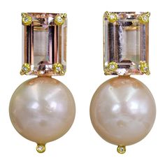 Emerald shaped 12.61 carat (total) pink Morganite, accent white Diamond and round, freshwater pink Pearls in 14k yellow gold stud drop earrings. Stud earrings are 1.25 inches in length. The beautiful, blush pink Morganite and Pearls paired with yellow gold and accent Diamonds gives these drop earrings a refined contemporary yet timeless and elegant feel. Formal Pink Gold Gemstone Earrings, Classic Pink Earrings For Formal Occasions, Pink Pearl Earrings For Formal Occasions, Formal Pink Pearl Earrings, Classic Pink Gemstone Earrings, Elegant Pink Jewelry With High Luster, Elegant Pink High Luster Jewelry, Classic Pink Pear-shaped Jewelry, Classic Pink Pear Shaped Jewelry