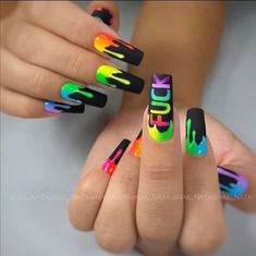 Nail Ideas For May 2024, Summer Nail Stiletto, Clear And Neon Nails, May Gel Nails Ideas 2024, Neon Paint Splatter Nails, Short Dip Powder Nails Fall Ombre, Acrylic Nail Designs Rainbow, Black Trippy Nails, Nail Designs Summer Acrylic Bright Colors Neon Art Ideas