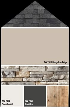 the exterior color scheme for a house with stone and wood tones, including grays, browns