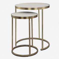 two round tables with gold metal bases