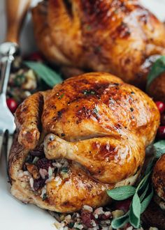 roasted chicken with herbs and spices on a white platter next to cranberries