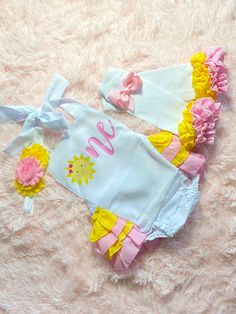 "This adorable romper is perfect for your princess' first birthday outfit. It makes a great photo prop for birthday invitations or to pictures just to remember this special day!! The romper has straps that untie so you can lower or raise the outfit for a better fit. The back of the romper has layers of ruffle and the top of the ruffles is embellished with a pink bow. If you would like a different color bow, please message me with the color that you would like. The headband is made to fit the siz Circus 1st Birthdays, Princess First Birthday, Girl Birthday Themes, 1st Birthday Outfits, First Birthday Outfits, First Birthday Photos, 1st Birthday Invitations, You Are My Sunshine, Pink Bow