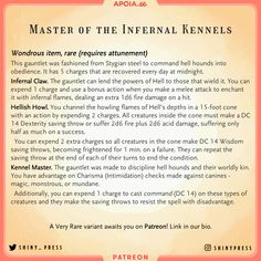 an orange and yellow poster with the words master of the infernal kennels