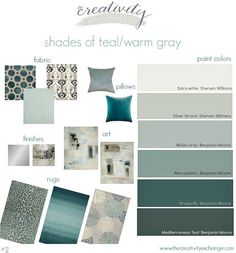 the shades of teal and gray are featured in this color scheme for interior decor