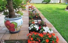 colorful flower pots lined up along a brick walkway