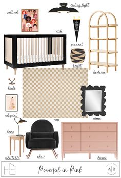 a baby's room with furniture and accessories in pink, black, and white