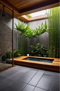 Zen bathroom with Japanese soaking tub and natural elements Japanese Tubs Soaking, Atrium Bathroom, Zen Bathtub, Japanese Zen Interior Design, Asian Style Bathroom, Japanese Hot Tub, Zen Spa Bathroom Ideas, Modern Japanese Bathroom